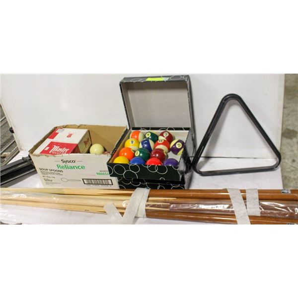 LOT OF BILLIARD ACCESSOIRES; 8 CUES/ 3 BOXES OF