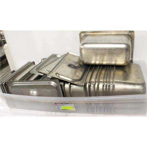 LARGE TOTE OF ASSORTED ST. STEEL INSERTS & LIDS