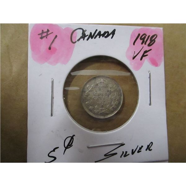 1918 CANADA KING GEORGE V SILVER FIVE CENT