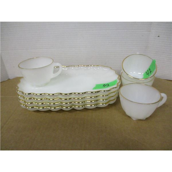 COLLECTABLE:  4 MILK GLASS LUNCH PLATES & CUPS