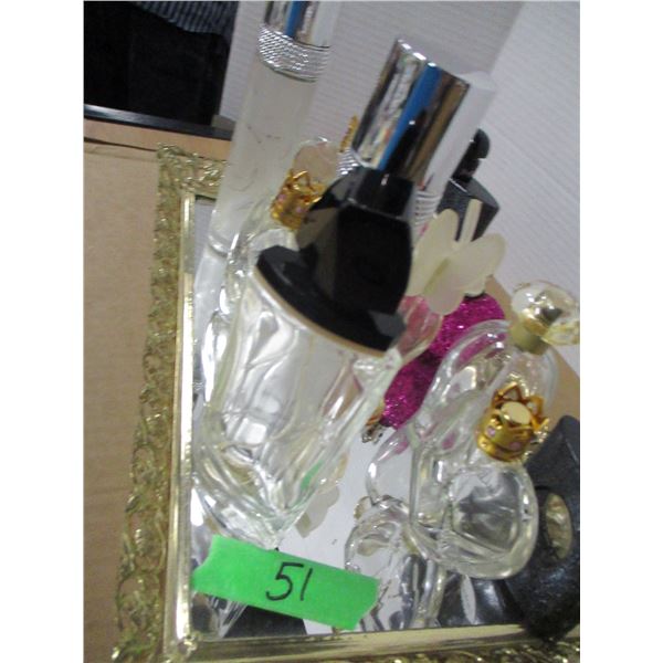 COLLECTABLE:  MIRRORED GOLD TRIM COLOR TRAY C/W PERFUME BOTTLES