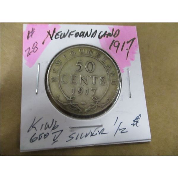 1917 NEWFOUNDLAND KING GEORGE V SILVER HALF DOLLAR