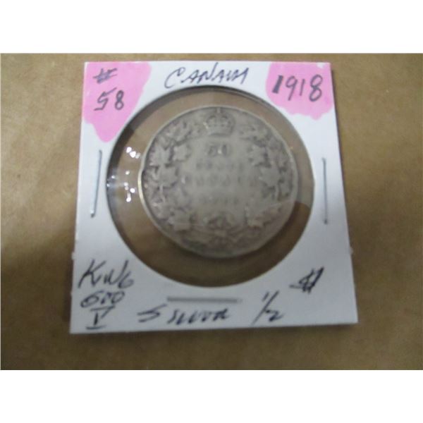 1918 CANADA KING GEORGE V SILVER HALF DOLLAR