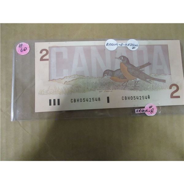 1986 LAST SERIAL NUMBER "ERROR 8" MINT CONDITION CANADA $2 BILL