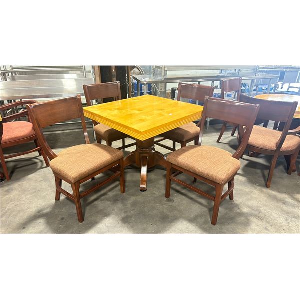 NATURAL WOOD TOP 36" SQUARE DARK WOOD SINGLE PEDESTAL COMMERCIAL CAFE TABLE WITH 4 DARK WOOD PADDED