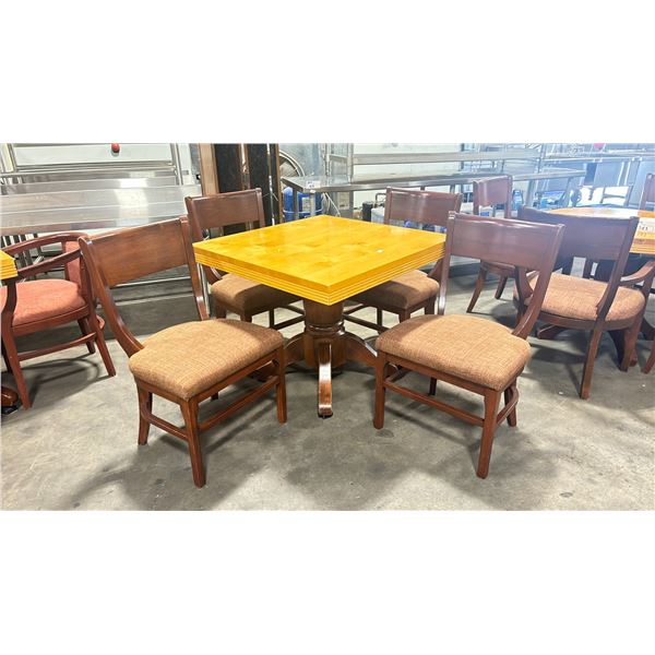 NATURAL WOOD TOP 36  SQUARE DARK WOOD SINGLE PEDESTAL COMMERCIAL CAFE TABLE WITH 4 DARK WOOD PADDED