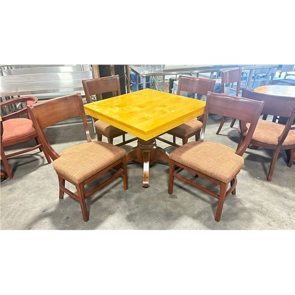 NATURAL WOOD TOP 36" SQUARE DARK WOOD SINGLE PEDESTAL COMMERCIAL CAFE TABLE WITH 4 DARK WOOD PADDED