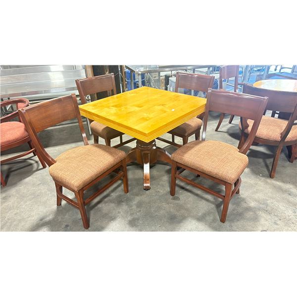 NATURAL WOOD TOP 36" SQUARE DARK WOOD SINGLE PEDESTAL COMMERCIAL CAFE TABLE WITH 4 DARK WOOD PADDED