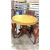 Image 2 : NATURAL WOOD TOP 36" ROUND DARK WOOD SINGLE PEDESTAL COMMERCIAL CAFE TABLE WITH 4 DARK WOOD PADDED