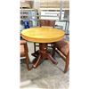 Image 2 : NATURAL WOOD TOP 36" ROUND DARK WOOD SINGLE PEDESTAL COMMERCIAL CAFE TABLE WITH 4 DARK WOOD PADDED
