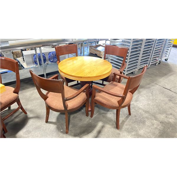 NATURAL WOOD TOP 36" ROUND DARK WOOD SINGLE PEDESTAL COMMERCIAL CAFE TABLE WITH 4 DARK WOOD PADDED