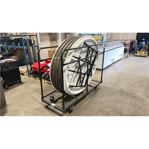 6 60" ROUND PLASTIC COMMERCIAL BANQUET TABLES ON METAL MOBILE TABLE TRANSPORT CART