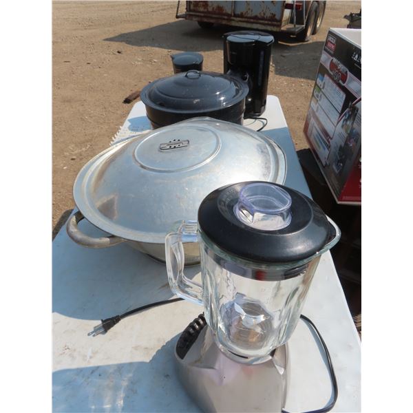 canning pot , large stainless pot  , mixer , two coffee pots