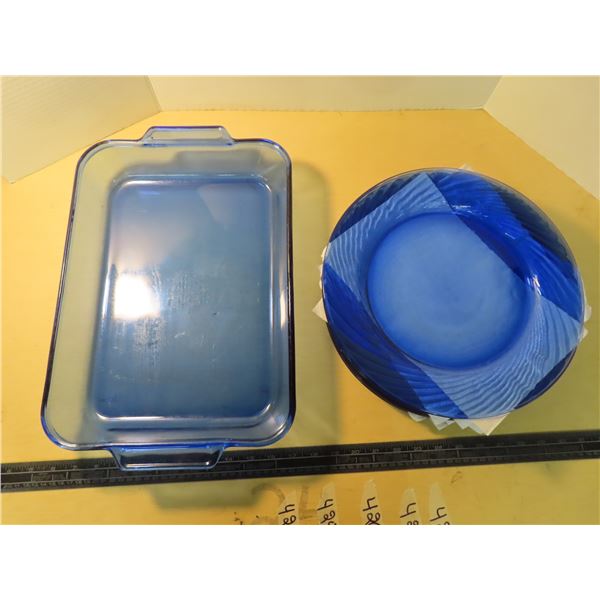 Lot of 8 blue glass plates and 1 large baking dish