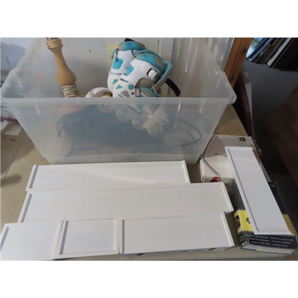 tote of misc , roller blades , floating shelves , lights