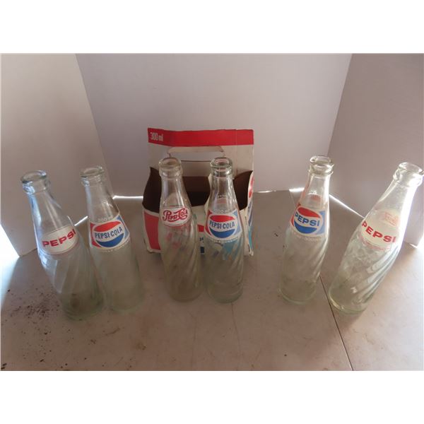 6 vintage pepsi bottles and case