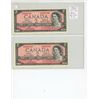 Image 1 : Lot of 2 Consecutive Serial Number 1954 Modified Portrait $2 notes. Bouey-Rasminsky signatures. D/G 