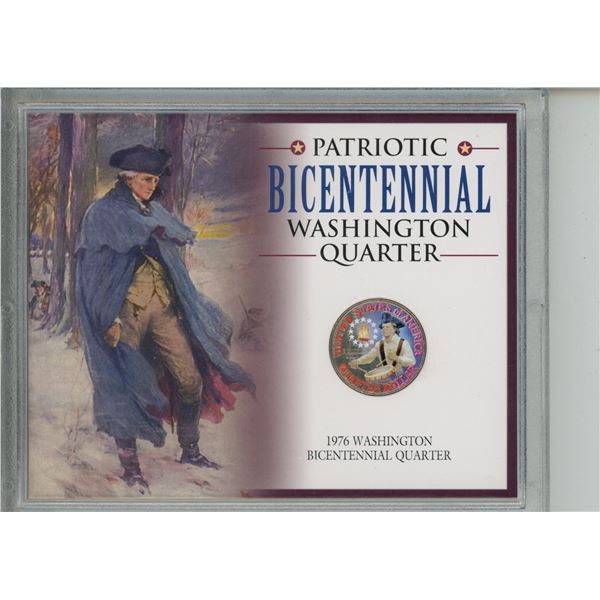 U.S. Patriotic Bicentennial Washington Quarter. 1976D. Colourized. Housed in a hard plastic holder.