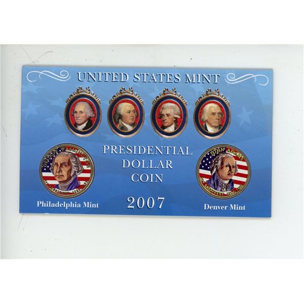 U.S. 2007 Presidential Dollar Coin Set. Includes Colourized George Washington from the Philadelphia 