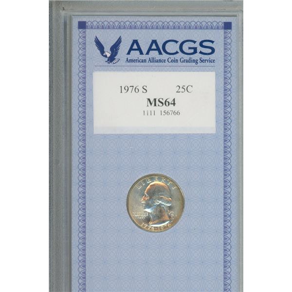 U.S. 1976 S Washington Quarter. Silver. San Francisco Mint. Certified & graded MS-64 by AACGS.
