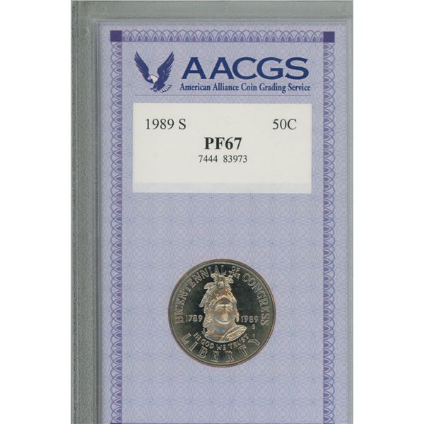 U.S. 1989 S Centennial of Congress Half Dollar. Silver. Certified & graded Proof-67 by AACGS.