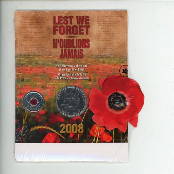 2008 Lest We Forget Commemorative Set. Colourized Poppy with a large nickel medal that commemorates 