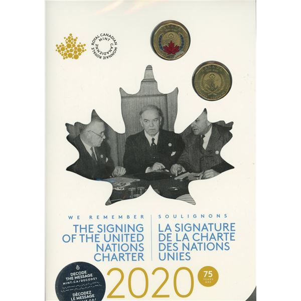 2020 Signing of the United Nations Charter 7-coin set. Set includes 3 Loonies: one regular, one UN &