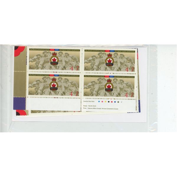 Set of 4 Royal Canadian Legion 47 Cents Stamp Corner Blocks. Total of $7.52 face value. Housed in it