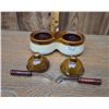 Image 1 : Vintage Brown and Tan Stoneware Double Condiment Server with Spoons