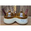 Image 3 : Vintage Brown and Tan Stoneware Double Condiment Server with Spoons