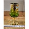 Image 1 : Vintage green and gold leaf, hand painted glass goblet - 8"H