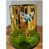Image 2 : Vintage green and gold leaf, hand painted glass goblet - 8"H