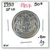 Image 1 : 1953 SF LD Canadian Silver half-dollar(KW- .80 Ag)