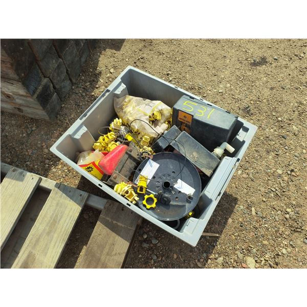 tote of electric fence supplies - wiring, brackets and powerbox