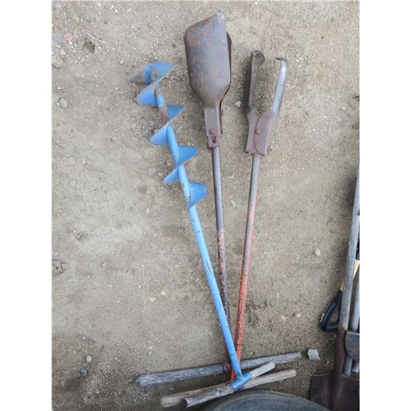 a post hole auger and 2 post hole shovels