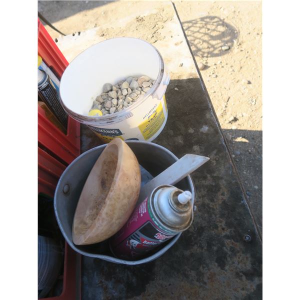 two totes of assorted hardware and spray cans