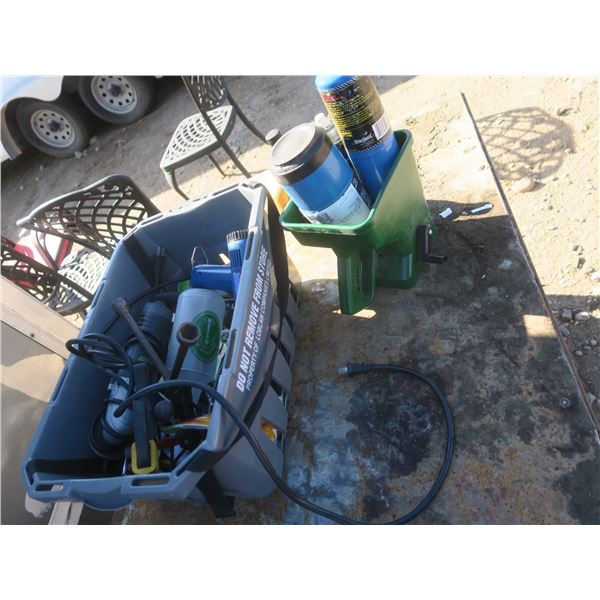 tote of assorted tools and hardware