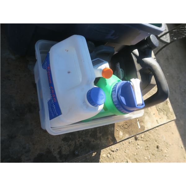 tote of assorted oil jugs