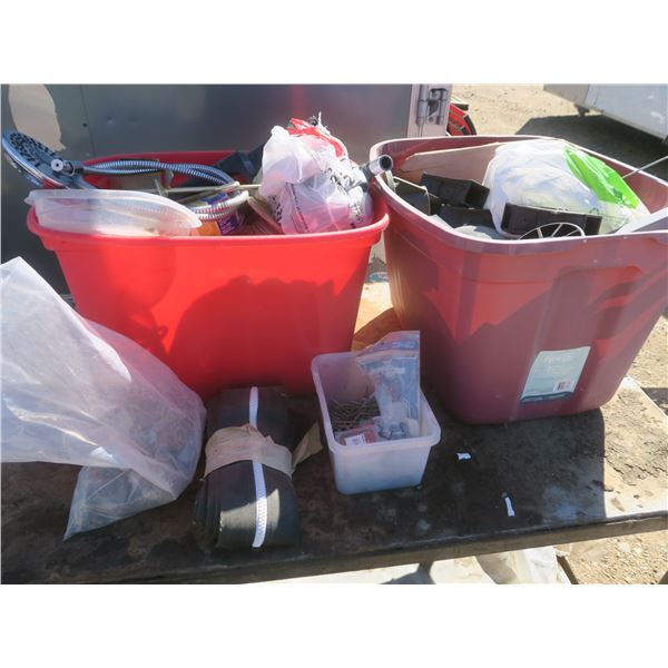 two totes of assorted hardware and spray cans
