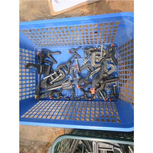 tote of small cclamps including 1" c-clamps