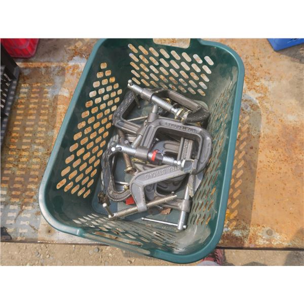 tote of assorted c-clamps