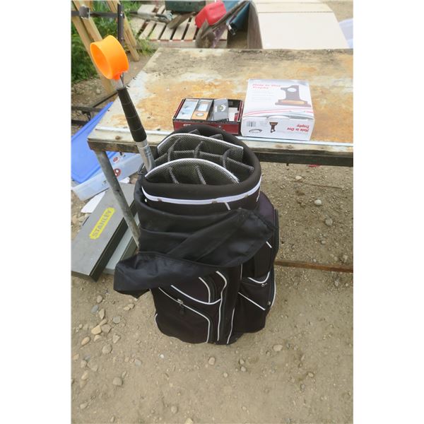 golf bag, golf trophy and golf balls