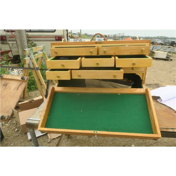 homemade wood working box with assorted wood working tools