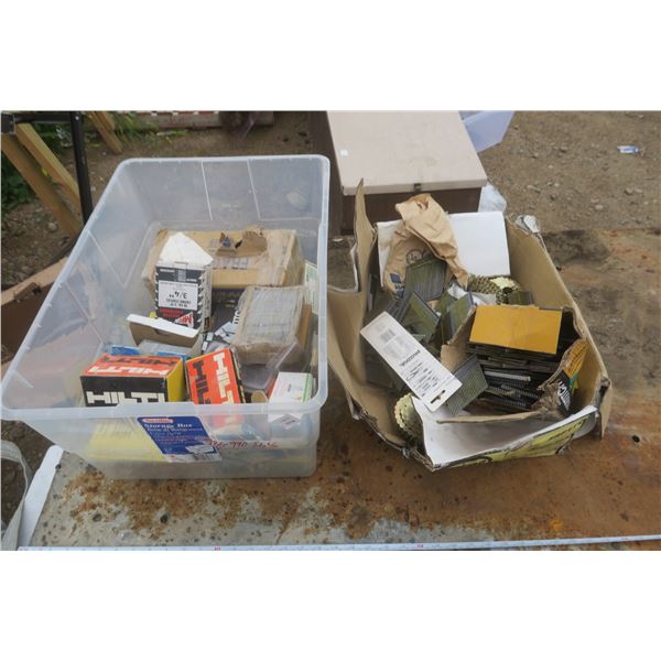 tote and box of assorted nails and staples