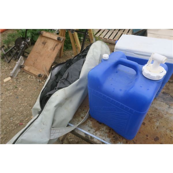 cooler, water jug and tent