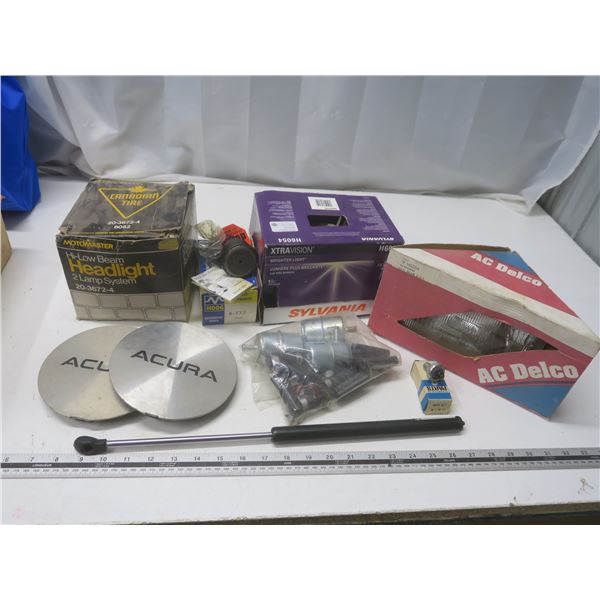 assorted auto parts - headlights, fuel filters, etc.