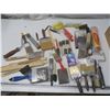 Image 1 : tote of assorted painters supplies - brushes, etc.