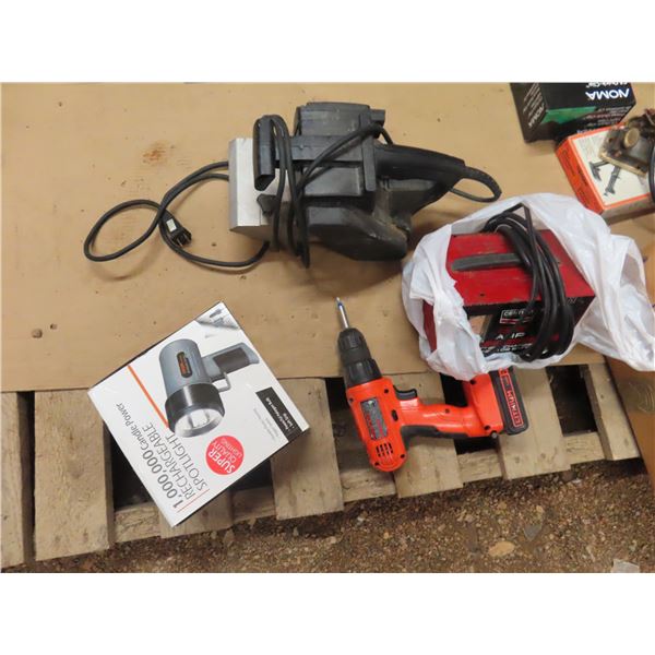 2 belt sanders, 2 battery boosters, drills and a light