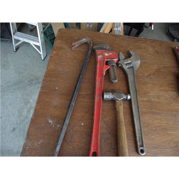 Goose neck, 24" Pipe wrench, ball been Hammer, 18" proto crescent wrench.