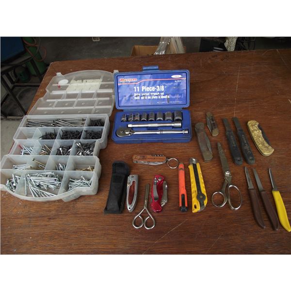 Quantity of screws in case, Westward 11 pc 3/8 socket set, assortment of knives and scissors.
